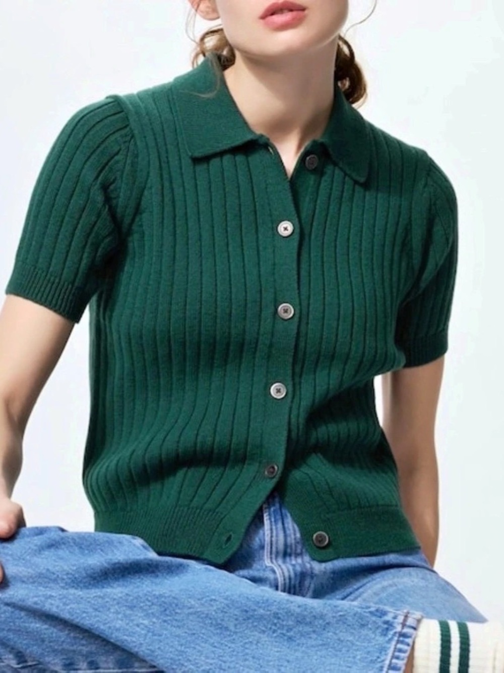 UNIQLO Ribbed Polo Cardigan in Forest Emerald Green Size Medium